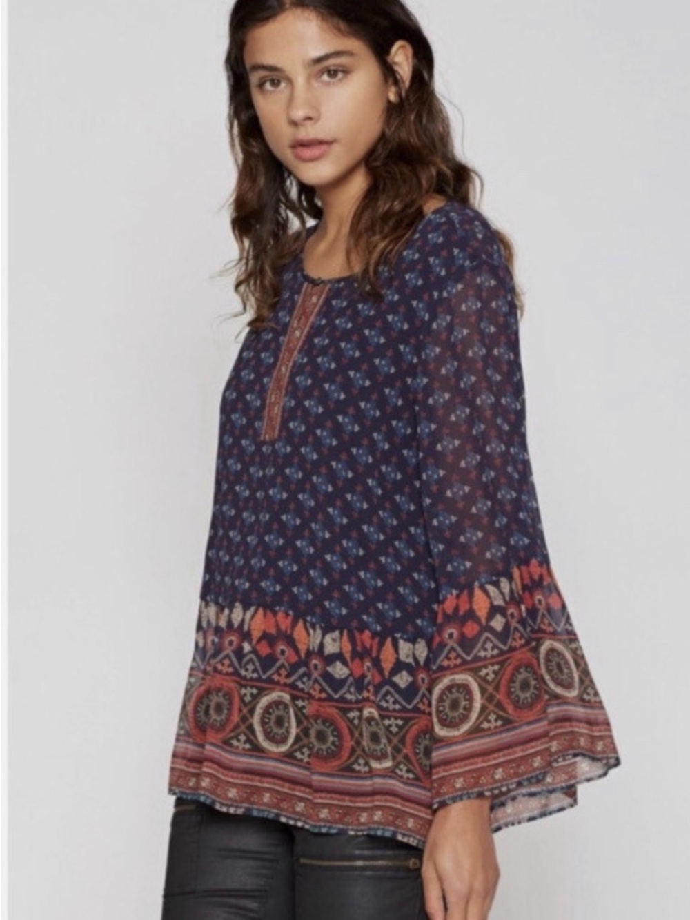 Joie Hakima Navy & Orange Boho Bell Sleeve Peplum Silk Blouse Top Size XS
